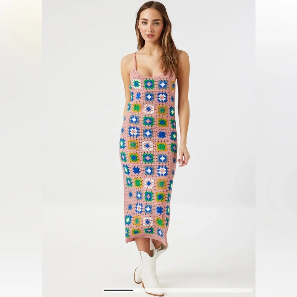Crochet granny square midi dress nwot